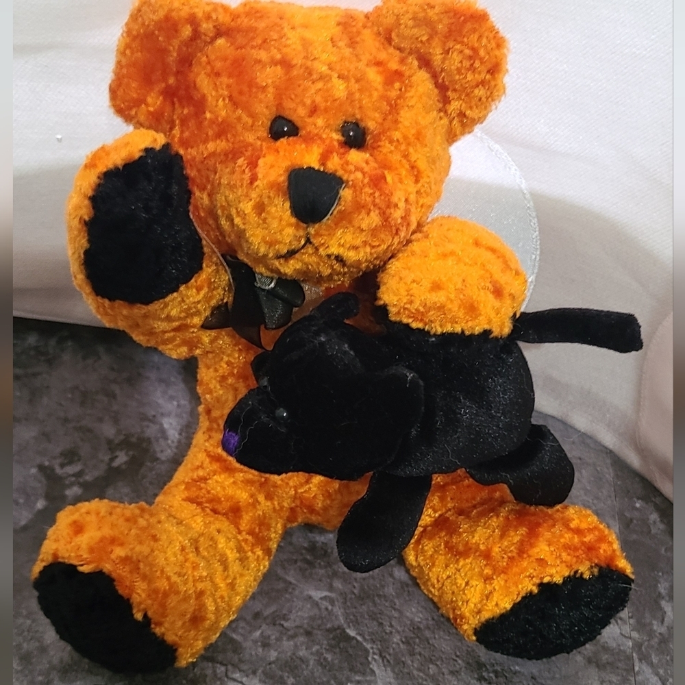 Orange Halloween Bear Holding Black Cat 7" Plush Halloween Decor